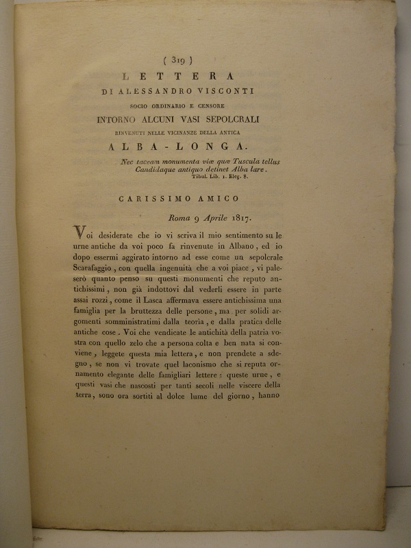 Lettera di Alessandro Visconti socio ordinario e censore intorno alcuni vasi sepolcrali rinvenuti nelle vicinanze della antica Alba Longa